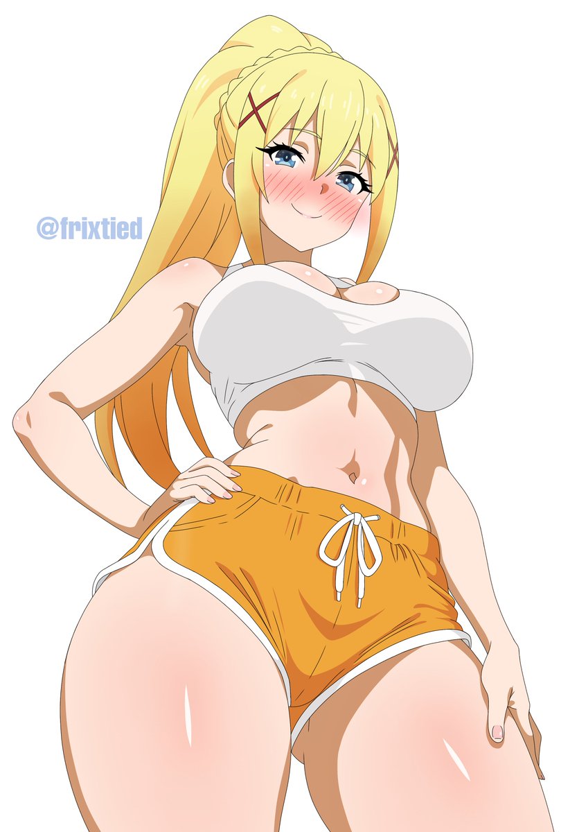ass, big ass, big breasts, big butt, big thighs, big titties, blush, breasts, clothing, curvaceous, curvaceous female, curvaceous figure, curvy, curvy figure, curvy hips, darkness (konosuba), dolphin shorts, female, female focus, female only, frixtied, gym clothing, kono subarashii sekai ni shukufuku wo!, long hair, looking at viewer, yellow hair