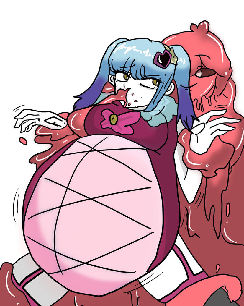 anonymous_artist belly_expansion bloated bloated_belly cyan_hair_female defeated_female fat_breasts fat_stomach feeding_slime heart_hair_ornament holding_person huge_stomach lobotomy_corporation long_hair magical_girl melting_love project_moon queen_of_hatred red_hair red_slime slime slime_female slime_girl stuffing stuffing_(material) trapped