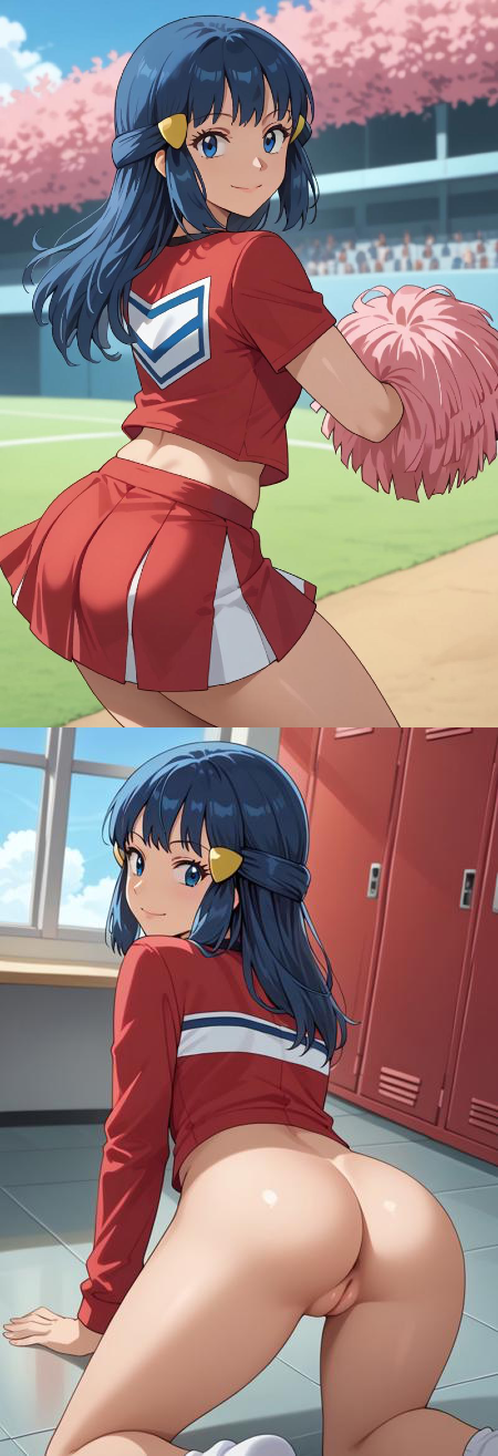 ai_generated before_and_after blue_hair cheerleader dawn_(pokemon)