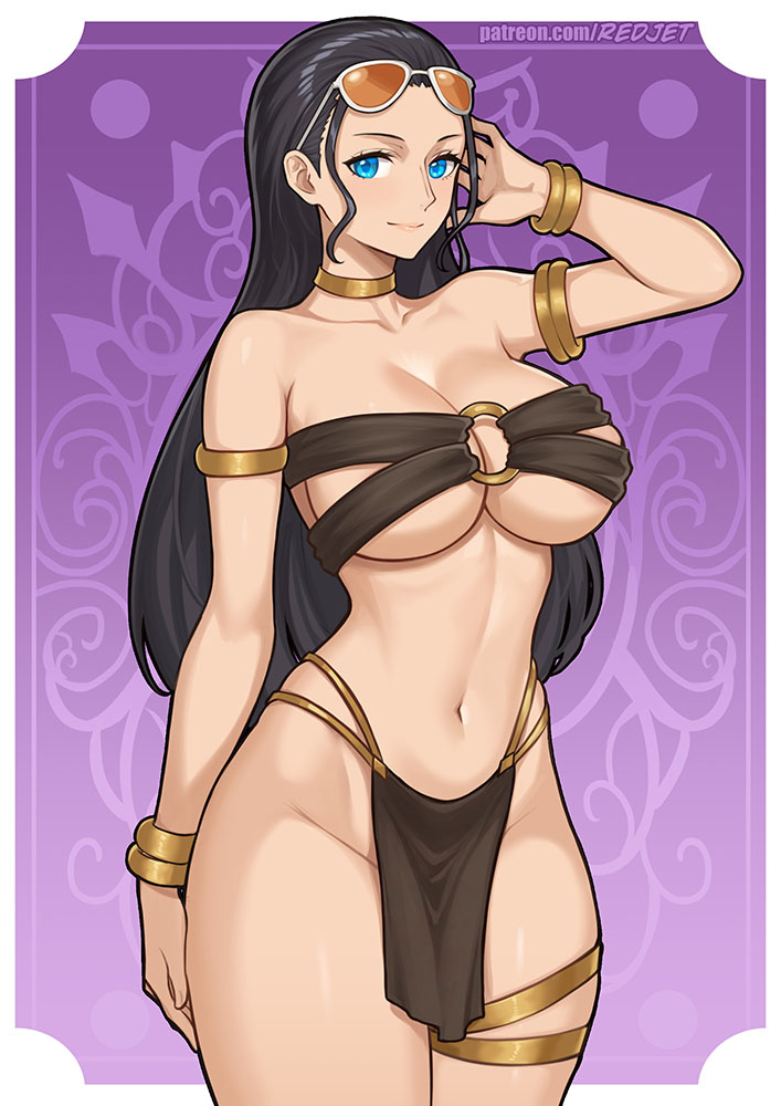 1girls alternate_costume black_hair blue_eyes border bracelet breasts cleavage closed_mouth clothing eyewear_on_head female female_only floral_background gold_armlet gold_bracelet gold_thighlet harem_outfit jewelry large_breasts light_smile long_hair navel nico_robin one_piece orange-tinted_eyewear pelvic_curtain purple_background redjet solo sunglasses tinted_eyewear underboob white_border