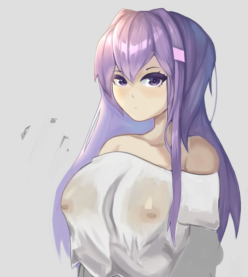 1girls bare_shoulders breasts doki_doki_literature_club long_hair nipples nipples_visible_through_clothing purple_eyes purple_hair sour_yams yuri_(doki_doki_literature_club)