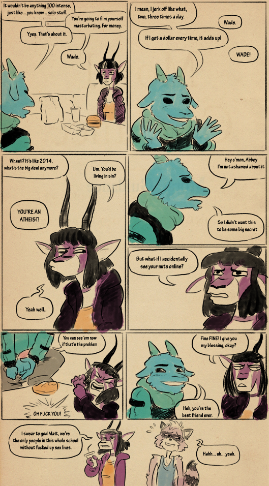 abbey_(roguefalta) antelope anthro ball_tuft blue_body blue_fur bovid caprine casual_exposure casual_nudity clothed clothed_female clothed_male clothing comic dialogue duo female flaccid food fur gazelle genitals goat humor male mammal matt_(roguefalta) partially_clothed penis procyonid public public_nudity purple_body purple_fur raccoon roguefalta tuft wade_(roguefalta)