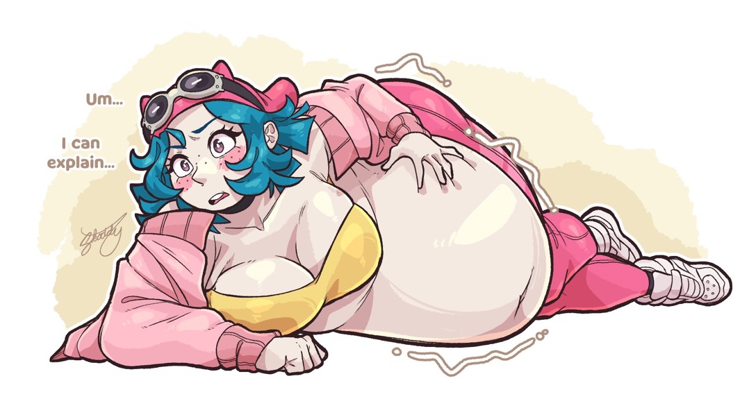 ass, bbw, blue hair, cleavage, embarrassed, fat, fat ass, fat butt, fat female, female, laying on side, marnie (sketchytodd), sketchytodd, weight gain