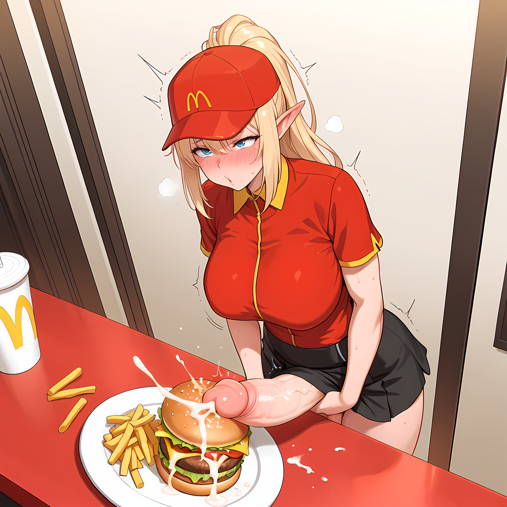 ai_generated big_breasts black_skirt blonde_hair blue_eyes blush_lines cap cum cum_drip cum_on_food cumming cumming_on_food cumshot ejaculation elf elf_ears elf_futanari eogard_orc erection food food_on_plate food_play fries futa_only futa_sans_pussy futanari hamburger high_ponytail huge_cock masturbation mcdonald's orgasm orgasm_face original_character penis self_upload solo stable_diffusion uncensored