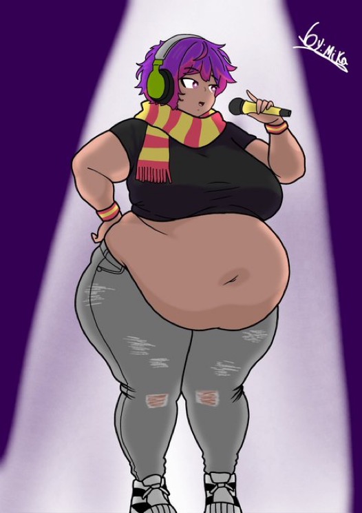 big_belly big_thighs brown_skin fat oc purple_hair ripped_clothing ripped_jeans ripped_pants