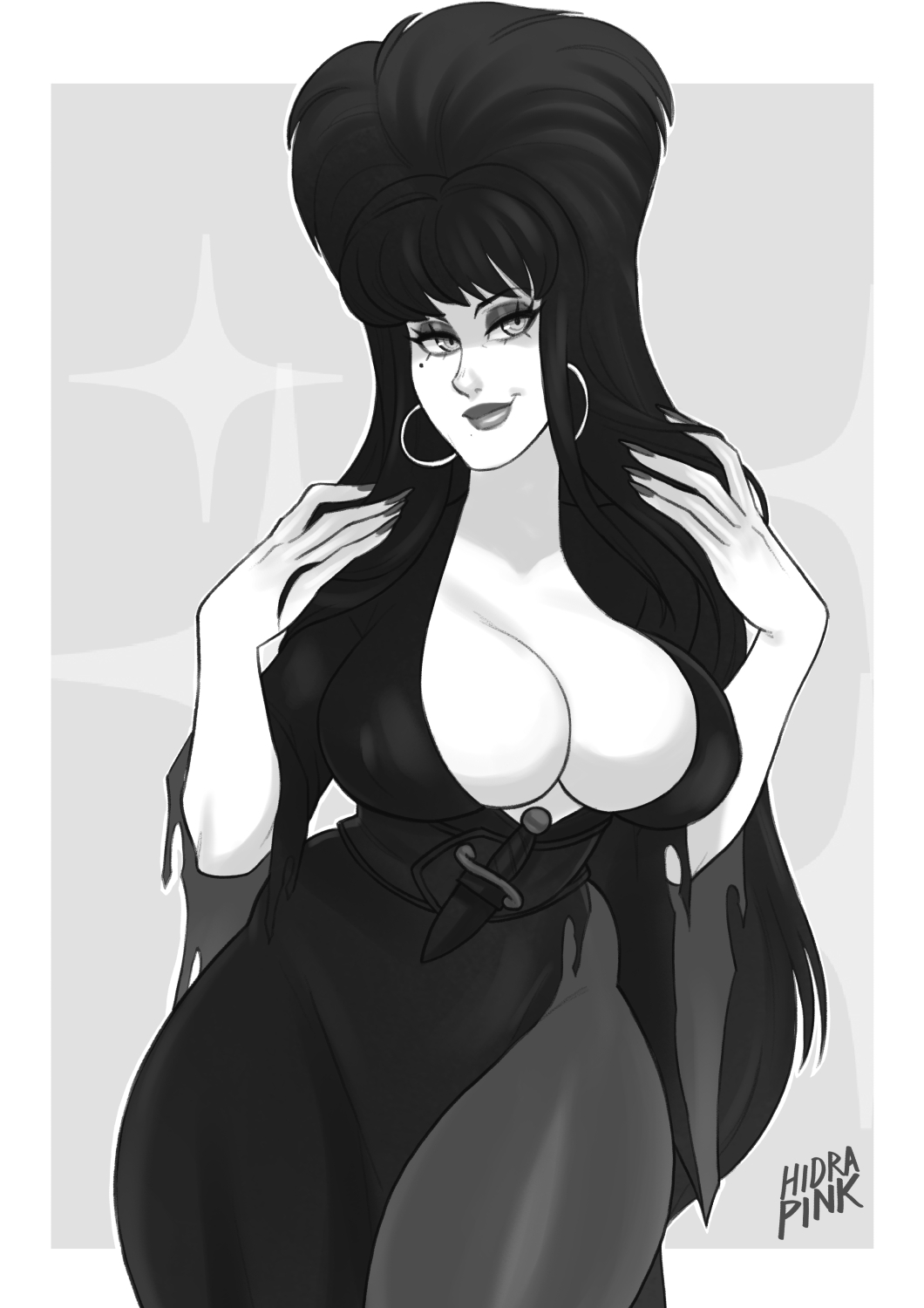 1girls 2022 big_breasts black_hair cleavage dress earrings elvira elvira:_mistress_of_the_dark eyeshadow female female_only goth hi_res hidrapink inner_sideboob long_hair looking_at_viewer mole mole_under_eye monochrome narrowed_eyes pantyhose smiling smiling_at_viewer solo solo_female thick_thighs