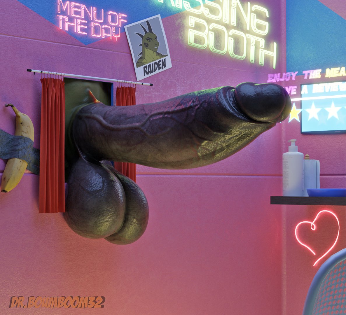 3d.a, animal humanoid, anthro, balls, banana, big balls, big penis, booth, booth (structure), booth seating, curtains, curtains open, drboumboom32, erection, food, fruit, genitals, glory hole, green body, huge balls, huge cock, humanoid, iguana, iguanid, lizard, male, muscular, muscular anthro, muscular male, nude, penis, plant, reptile, reptile humanoid, scales, scalie, scalie humanoid, solo, vein, veiny balls, veiny penis