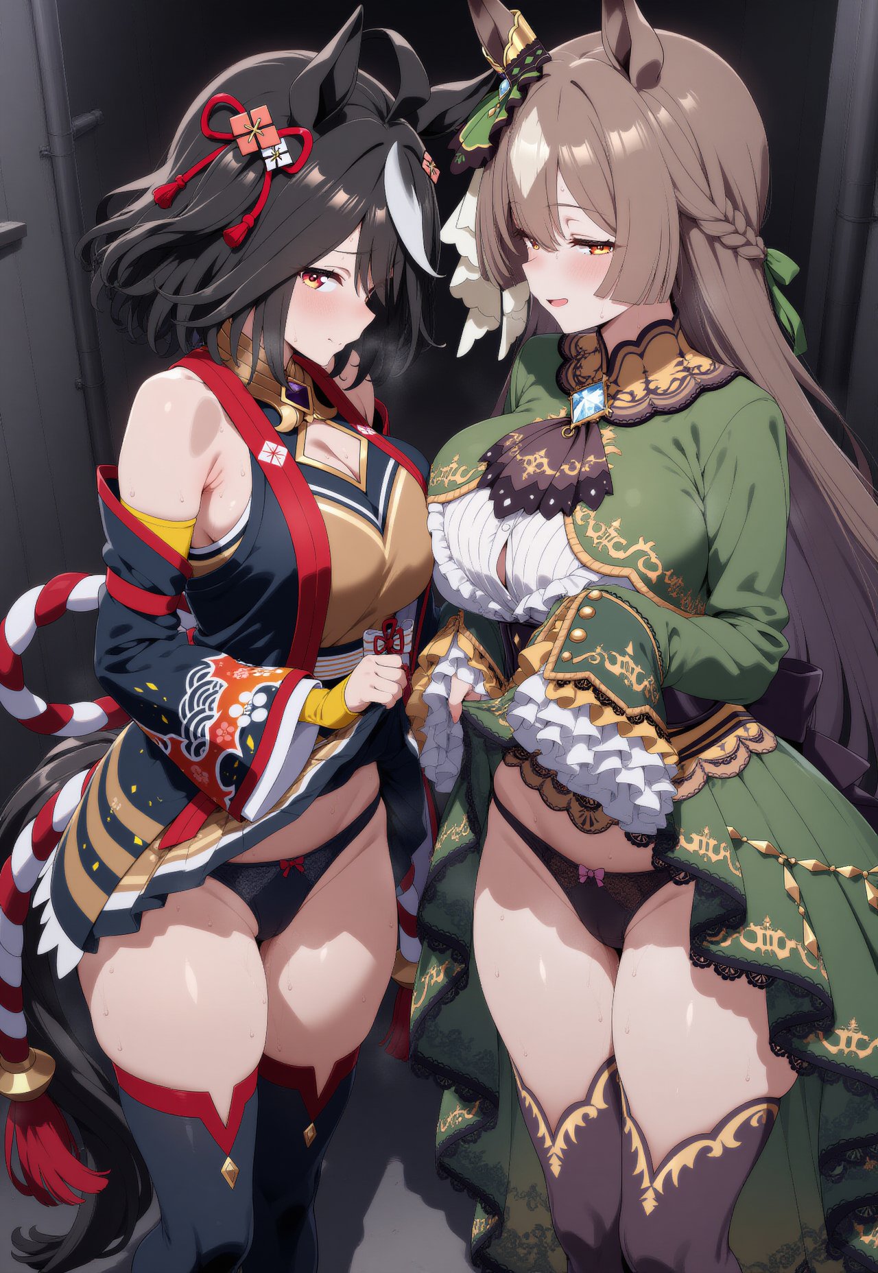 2girls, ai art, ai generated, artist request, background, black clothes, black hair, black legwear, black panties, blushing, blushing at viewer, blushing female, breasts, breasts window, brown hair, brown legwear, covered hands, covering breasts, dress, dress lift, expecting sex, green dress, green ribbon, hands on skirt, horse ears, horse girl, horse girls, kitasan black (umamusume), legwear, lifted by self, lifting skirt, long hair, looking at viewer, looking pleasured, panties, phant708, red and white ribbon, red clothes, ribbon, ribbons, satono diamond (umamusume), seductive, seductive eyes, seductive look, seductive pose, seductive smile, short hair, thick thighs, thighs, traditional clothes, two girls, umamusume, umamusume pretty derby, white skin