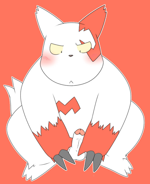 2008 anthro balls black_nose blush erection genitals kemono male nintendo penis penta002 pokémon_(species) pokemon pokemon_(species) red_background red_body simple_background slightly_chubby solo video_games white_body zangoose