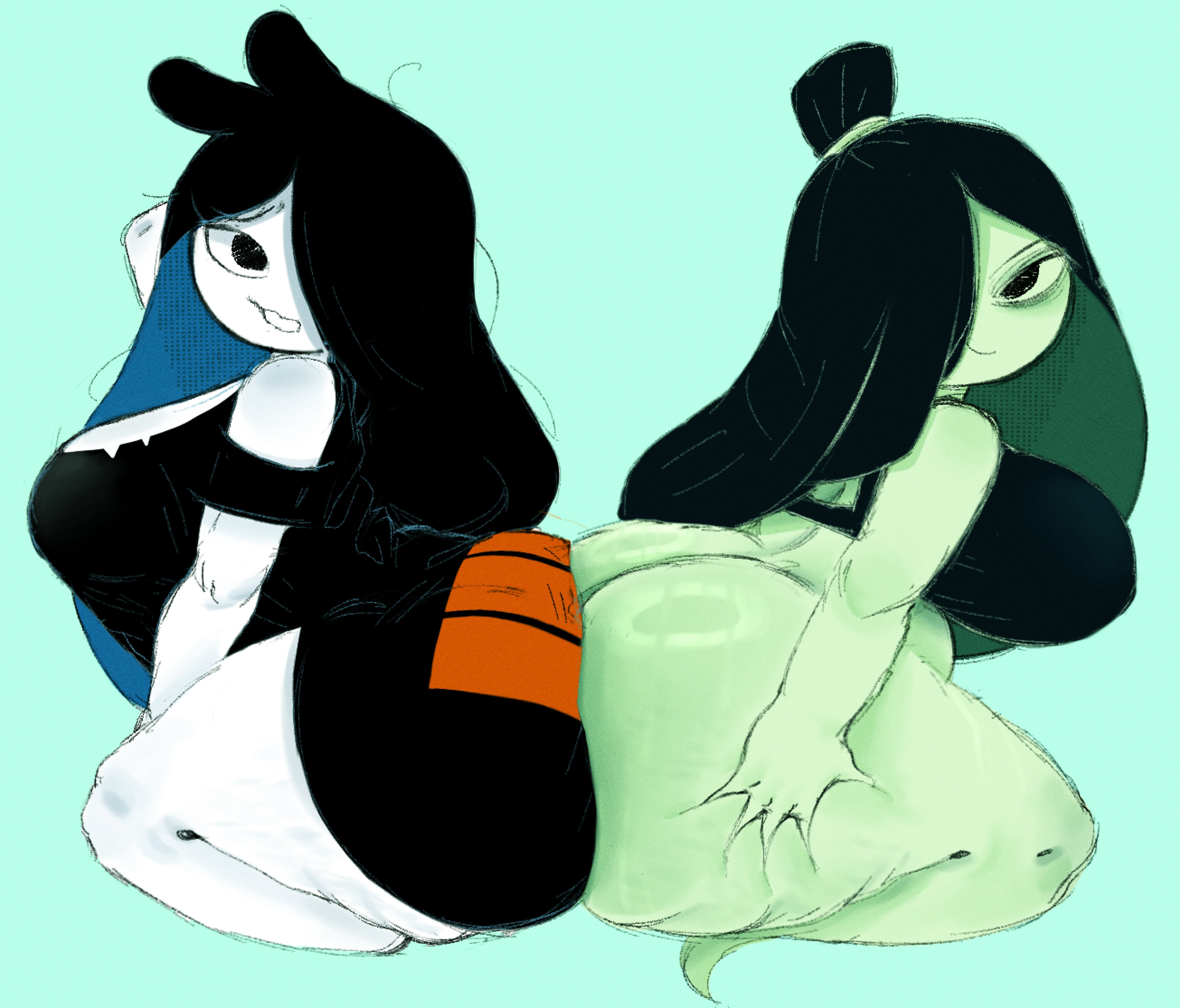 2girls, ass, ass focus, ass grab, ass to ass, big ass, big butt, fat ass, fat butt, fat butt february, female, female focus, female only, grabbing ass, grabbing own ass, nemora (roockrt), oc, original character, ramone (roockrt), roockrt, spinarooz, tagme, tagme (character)