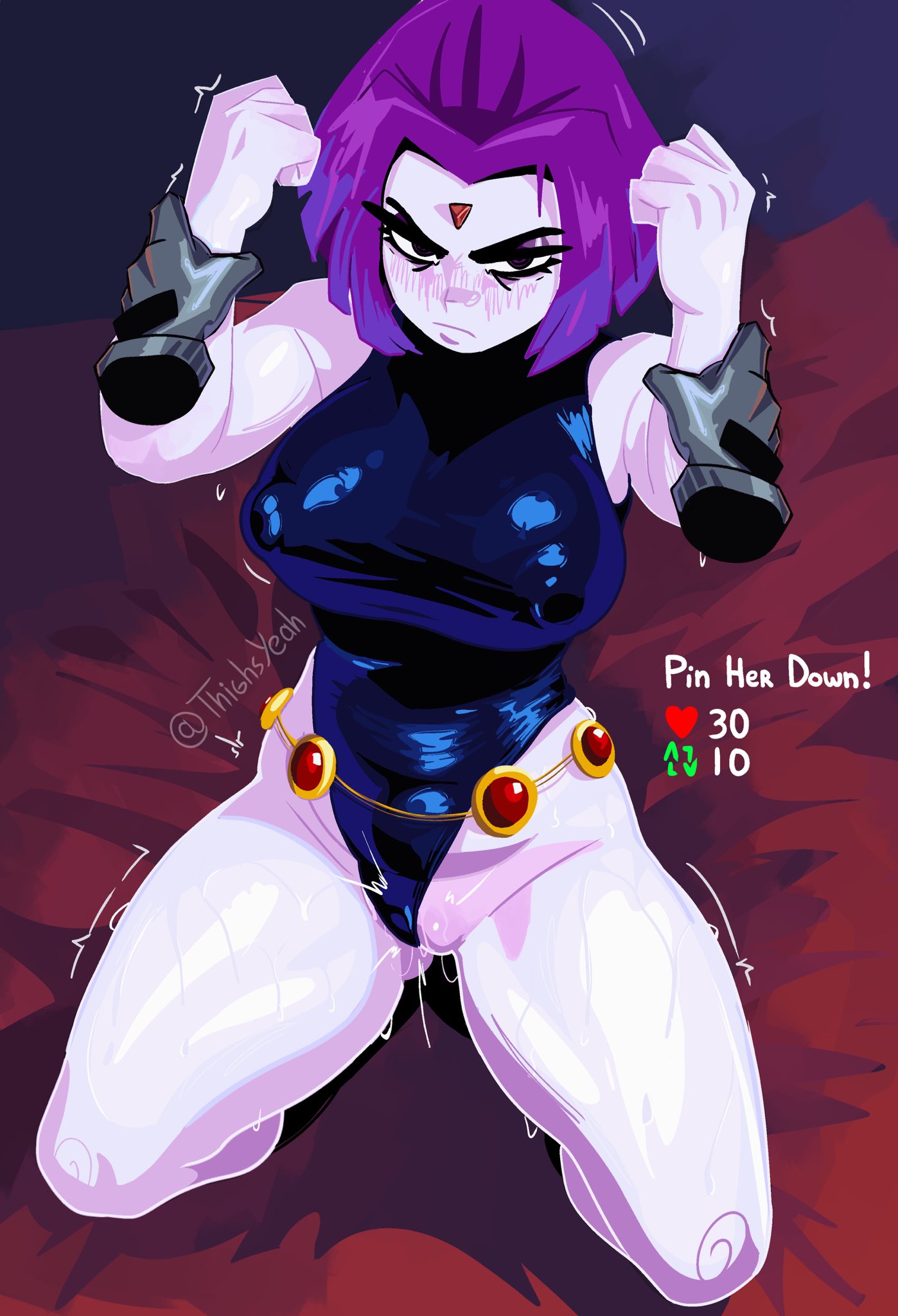 black_leotard breasts clenched_hands covered_nipples dc_comics english_text female forehead_jewel highres kneeling large_breasts leotard like_and_retweet looking_at_viewer pale_skin purple_hair raven_(dc) short_hair solo teen_titans thighsyeah