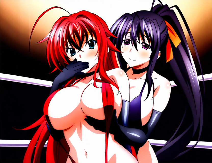 2girls ahoge ai_generated akeno_himejima antenna_hair big_breasts black_hair blush breast_grab breast_grab_from_behind couple covering_another's_mouth covering_mouth crimson_hair curvy female_only fighting_ring hair_ribbon hand_on_mouth high_school_dxd lesbian light_skin orange_ribbon ponytail rias_gremory sky_blue_eyes smile very_long_hair violet_eyes voluptuous yuri