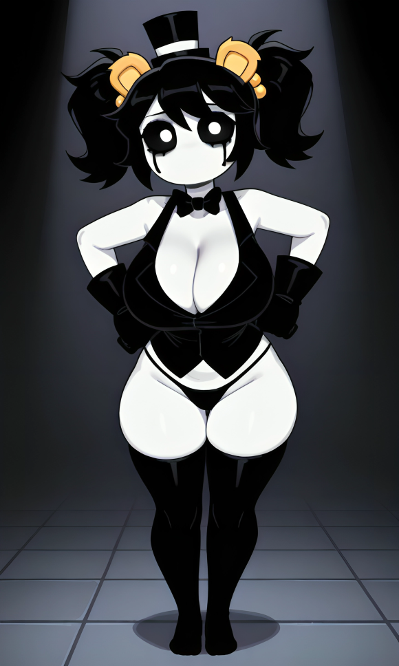 1girls, abandoned building, aged up, ai generated, animal ear hairband, bear ears, big breasts, black bowtie, black gloves, black hair, black panties, black sclera, black tears, black thighhighs, black top hat, black vest, bowtie, breasts, cassidy (fnaf), cleavage, clothed, cosplay, curvy, dark room, dim lighting, eyelashes, female, five nights at freddy's, ghost, ghost girl, gloves, hair ornaments, lingerie, looking at viewer, no mouth, pale skin, panties, pixai, solo, tears, thighhighs, tophat, twintails, vest, white pupils, white skin