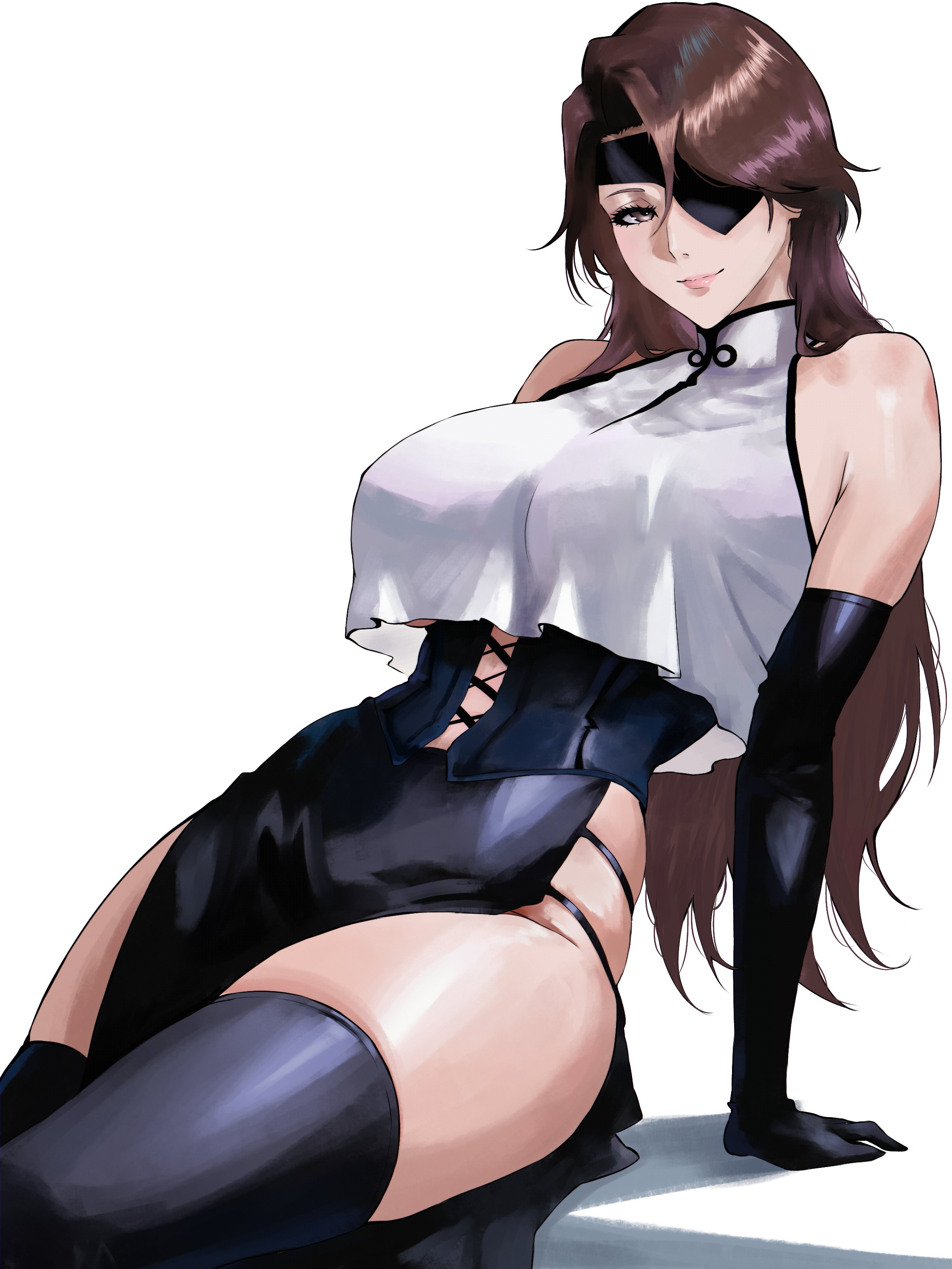 1girls, aizen sousuke, big breasts, bleach, bleach: the thousand-year blood war, breasts, brown hair, eyepatch, female, female only, hourglass figure, insomniaboin, light skin, light-skinned female, long hair, rule 63, solo, tagme, thick thighs, wide hips