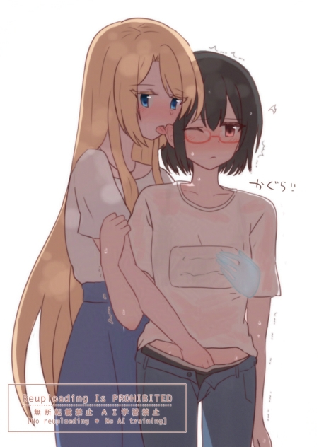 2girls black_hair blonde_hair blue_eyes blue_pants blue_skirt blush commentary_request denim fingering glasses grabbing_another's_breast grabbing_from_behind groping hand_on_another's_arm jeans kamikoshi_sorawo kgr_1622 licking licking_ear long_hair multiple_girls nishina_toriko one_eye_closed pants pink_eyes reach-around red-framed_eyewear shirt short_hair short_sleeves simple_background skirt tongue tongue_out transparent_hand trembling urasekai_picnic watermark white_background white_shirt yuri