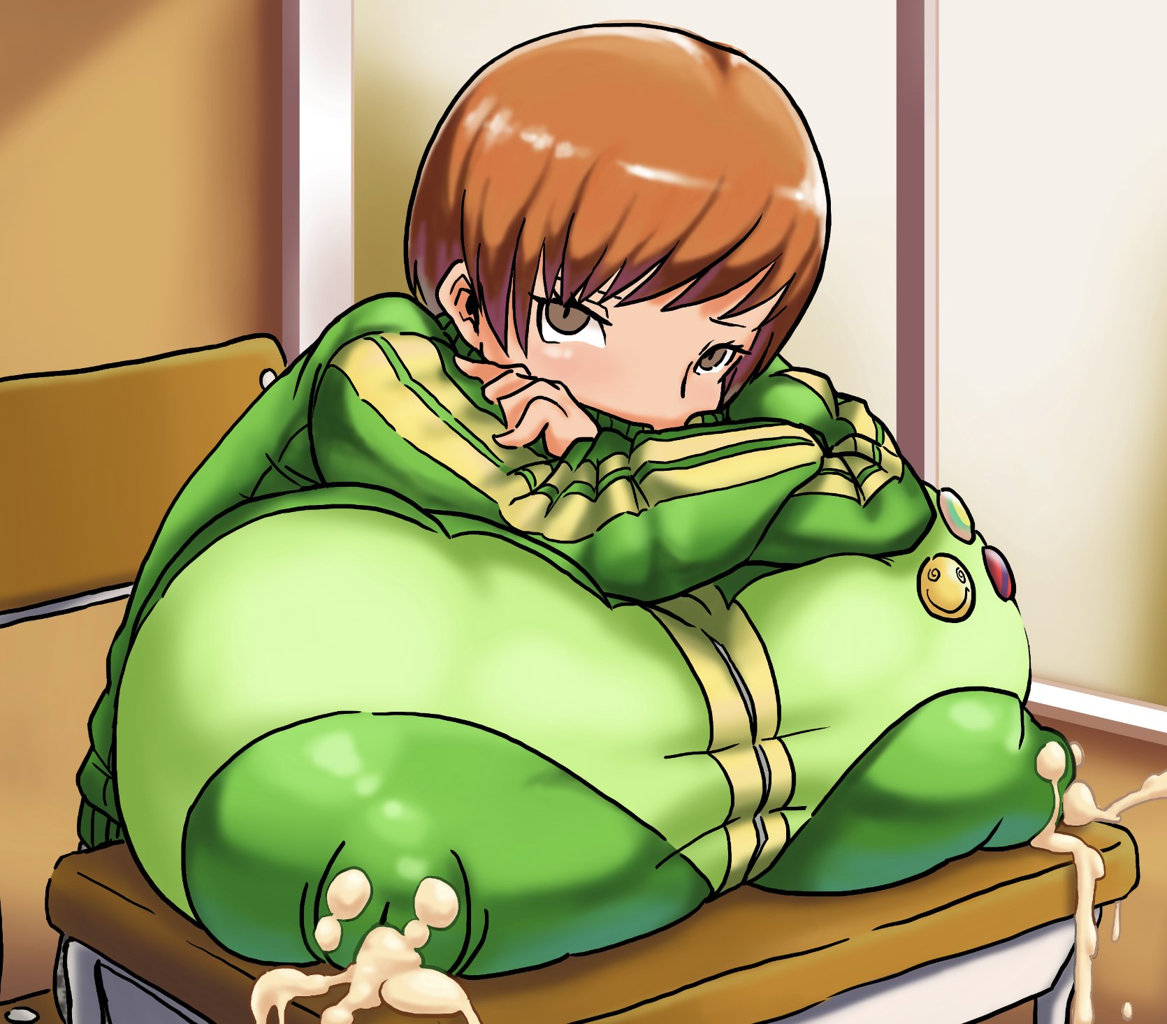 1girls, alternate breast size, big breasts, breasts, breasts on table, classroom, female, female only, hyper breasts, lactation, lactation through clothes, lactation without expressing, massive breasts, nikunigushii, nipple bulge, nipples, persona, persona 4, satonaka chie, school desk, short hair, solo, tomboy