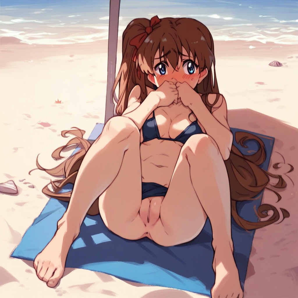 ai_generated amamiya_momona beach black_bikini blue_eyes blush blush brown_hair covering_mouth embarrassed long_brown_hair ocean pussy pussy_exposed red_hair_ribbon resort_boin shy tagme under_umbrella