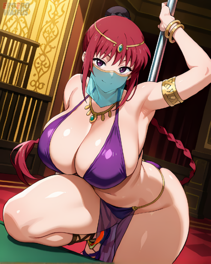 ai_generated athletic_female bare_thighs belly_dancer belly_dancer_outfit eroero_waifus gigantic_breasts huge_breasts huge_thighs light-skinned_female light_skin looking_at_viewer lu_shaotang massive_breasts ponytail purple_eyes red_hair sakamoto_days solo_female squatting sweat sweatdrop thick_butt thick_female thick_thighs thighs voluptuous voluptuous_female