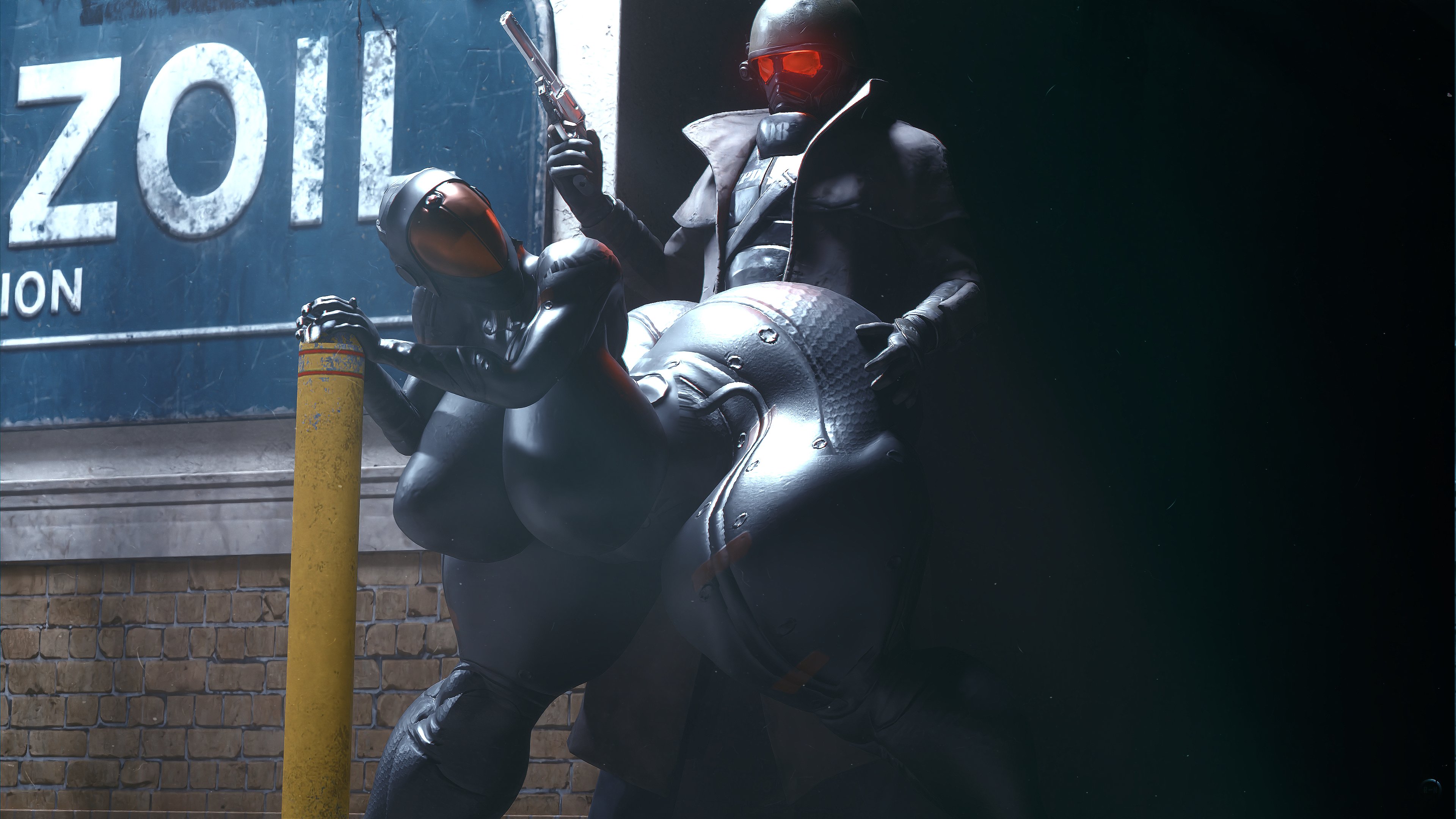 3d, breasts, chinese stealth suit, fallout, female, forced, hexagon clothing pattern, hexagon pattern, hyper breasts, latex, male/female, ncr ranger (fallout), rape, runn1non