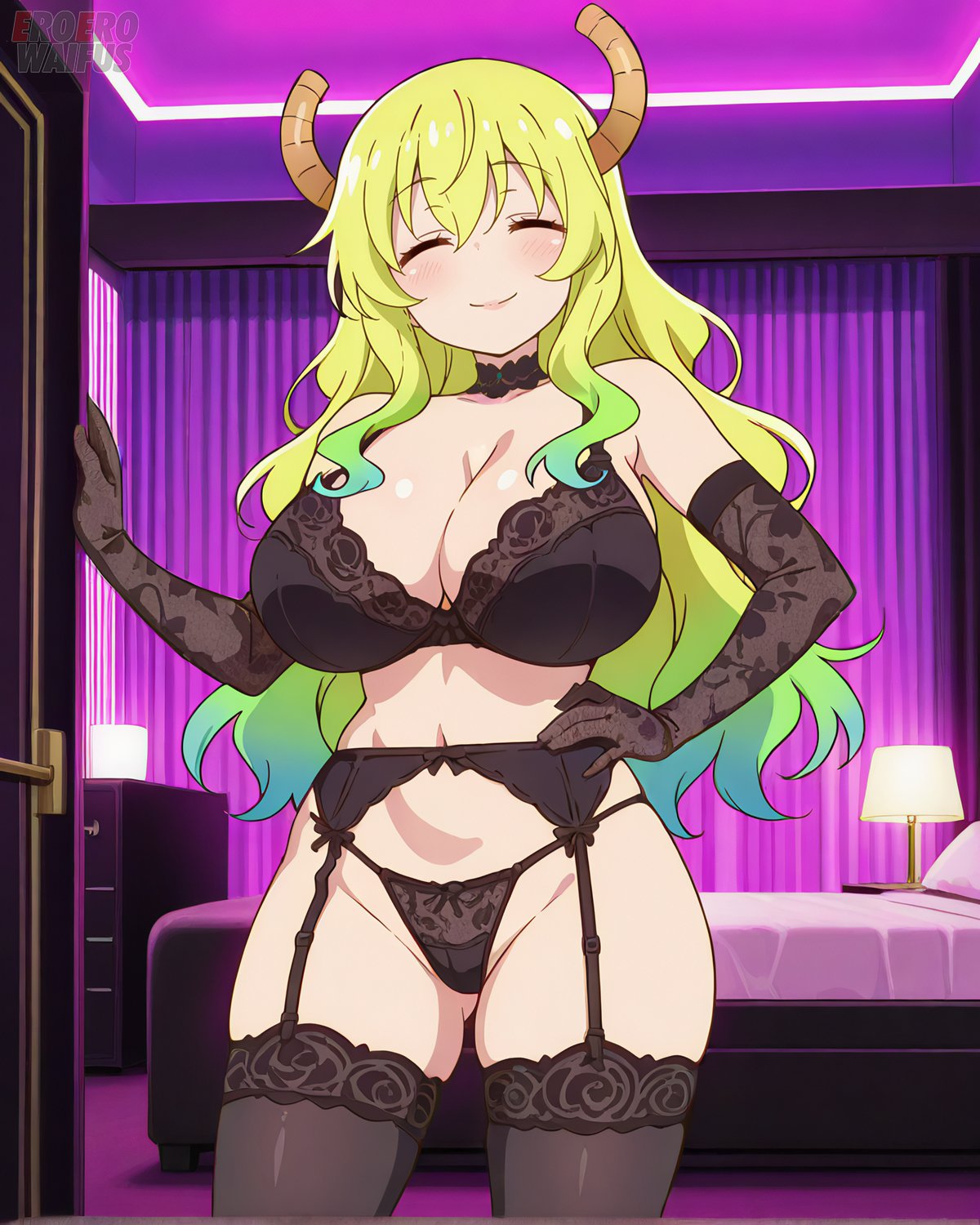 ai_generated bare_thighs blonde_hair closed_eyes eroero_waifus garter_belt gigantic_breasts horn horns huge_breasts huge_thighs kobayashi-san_chi_no_maidragon light-skinned_female light_skin long_hair low-angle_view massive_breasts mature_female milf multicolored_hair quetzalcoatl_(dragon_maid) smiling solo_female squatting sweat sweatdrop thick_body thick_female thick_thighs thighs voluptuous voluptuous_female