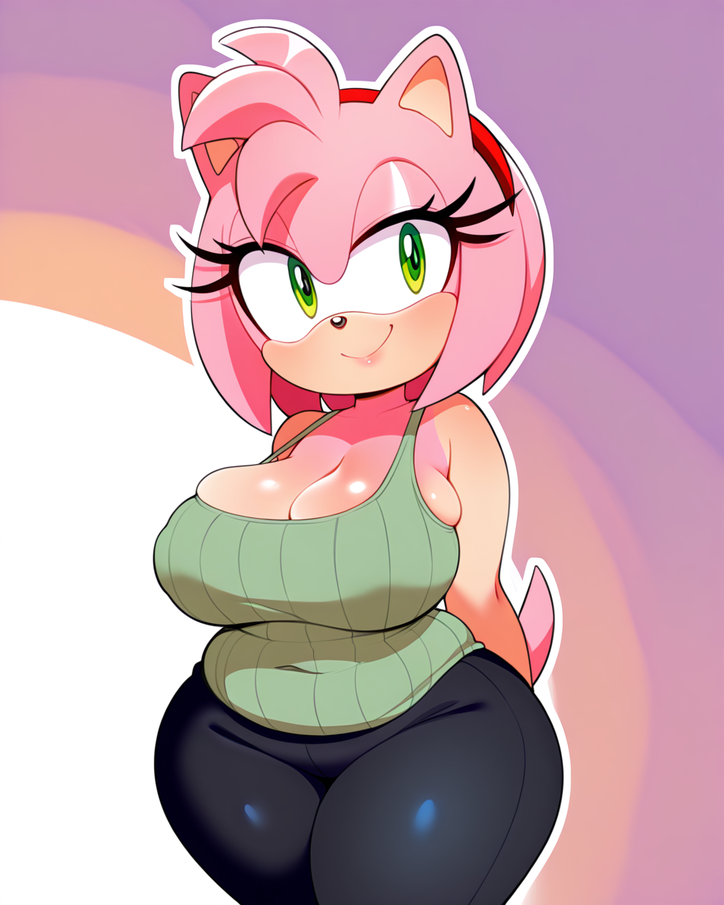 1girls ai_generated amy_rose anthro anthro_female anthro_only arms_behind_back belly_button_visible_through_clothing big_ass big_breasts big_butt black_leggings chubby chubby_anthro chubby_female cleavage cleavage_overflow curvy curvy_female curvy_figure fat_ass female female_anthro glossy_lips green_eyes half-closed_eyes hedgehog large_ass large_breasts leggings long_eyelashes muffin_top overflowing_breasts pink_fur pinkasswhore plump red_hairband shortstack sideboob skindentation slightly_chubby slightly_chubby_anthro slightly_chubby_female small_tail smile solo solo_female sonic_(series) sonic_the_hedgehog_(series) tail tank_top thick thick_ass thick_eyelashes thick_thighs voluptuous voluptuous_female wide_hips