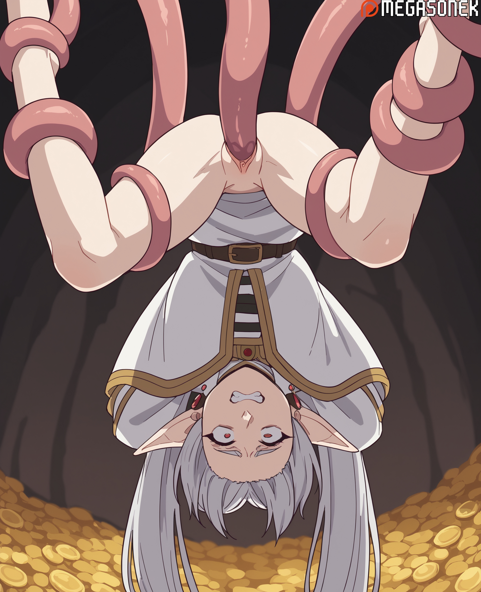 ai generated, anal, belt, bottomless, capelet, clenched teeth, coin, earrings, elf, female, frieren, frieren beyond journey's end, grey hair, jewelry, long hair, looking at viewer, megasonek, patreon username, pointy ears, pussy, rape, red eyes, restrained, solo, sousou no frieren, teeth, tentacle, tentacle rape, tentacle sex, twintails, uncensored, upside-down, vaginal penetration, watermark, wide-eyed