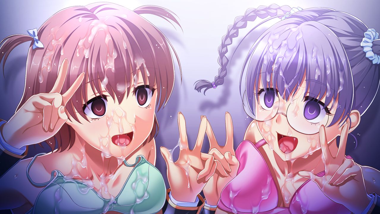 2girls :d after_fellatio after_oral after_rape cum cum_in_mouth cum_on_clothes cum_on_face cum_on_hair double_v female gakuen_de_jikan_yo_tomare glasses multiple_girls peace_sign restrained school_uniform smile tadano_akira time_stop v