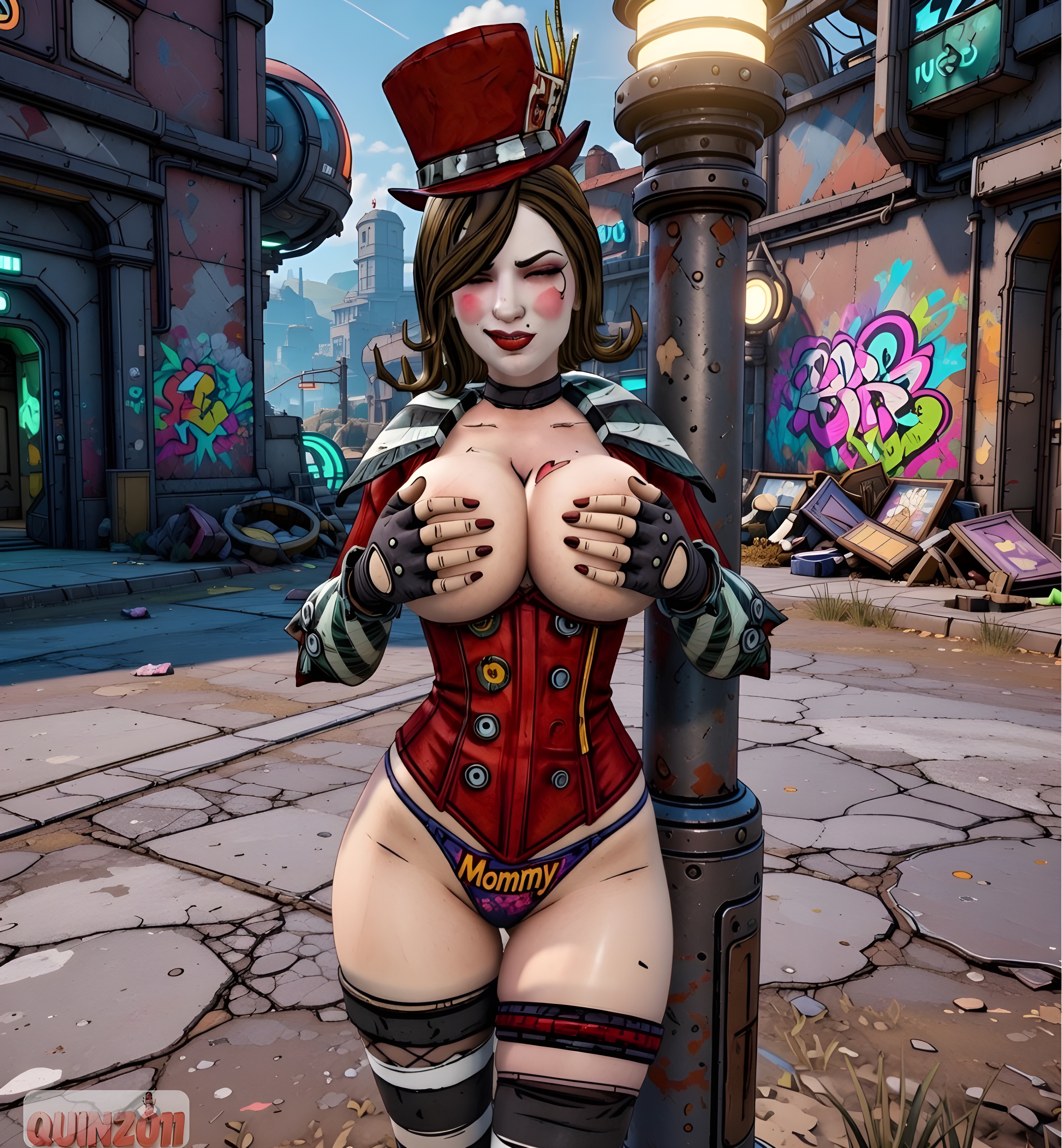 1girls, 3d, accurate art style, ai, ai art, ai generated, ai-created, artist logo, artist name, bluesky link, borderlands, borderlands 2, breasts, brown hair, closed eyes, covered nipples, female, female focus, female only, fingerless gloves, gearbox software, hands on breasts, hat, heart-shaped tattoo, mad moxxi, makeup, milf, mole, mole over mouth, mommy, panties, quinzo11, red lips, red lipstick, red nail polish, red nails, self upload, short hair, standing, standing female, stockings, tattoo, tattoo on chest