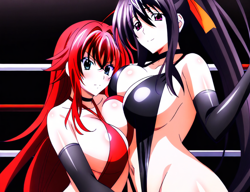 2girls ahoge ai_generated akeno_himejima big_breasts black_hair blush breast_on_breasts couple crimson_hair curvy female_only fighting_ring hair_ribbon high_school_dxd lesbian light_skin orange_ribbon ponytail rias_gremory sky_blue_eyes very_long_hair violet_eyes voluptuous yuri