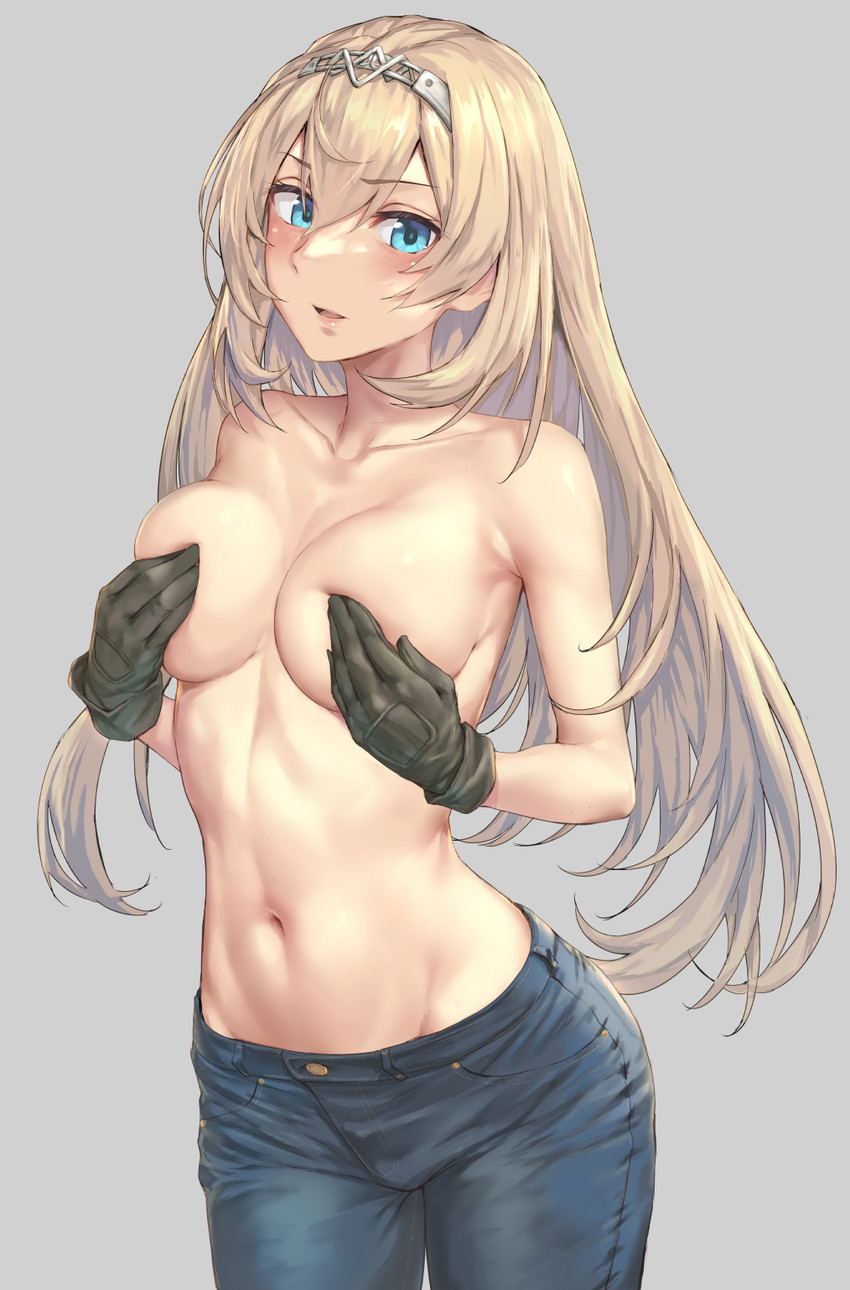 1girls black_gloves black_pants blonde_hair blue_eyes blush breasts collarbone covering covering_breasts cowboy_shot eyebrows_visible_through_hair female_focus gloves grey_background groin hair_between_eyes hairband highres jeans kantai_collection kokuzou large_breasts long_hair navel no_bra no_shirt open_mouth pants partially_clothed shirtless simple_background solo solo_female solo_focus tiara topless victorious_(kantai_collection)