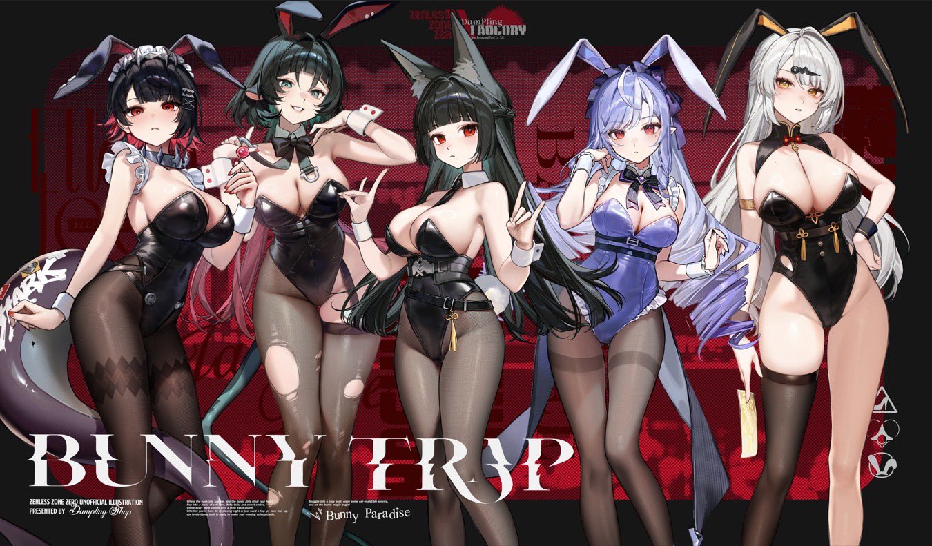5girls, ahoge, animal ear fluff, animal ears, black hair, black leotard, black nails, black thighhighs, blunt bangs, bow, breasts, bunny day, colored inner hair, detached collar, ellen joe, fake animal ears, female, female only, fins, fish tail, fox ears, fox girl, frills, green eyes, hair ornament, highleg, highleg leotard, hoshimi miyabi, jane doe (zenless zone zero), large breasts, leotard, long hair, maid headdress, mole, mole under eye, mouse ears, mouse girl, mouse tail, multicolored hair, multiple females, multiple girls, pantyhose, pointy ears, purple hair, rabbit ears, rabbit tail, red eyes, red hair, shark girl, shark tail, short hair, single thighhigh, smilesmile1312, strapless, strapless leotard, streaked hair, tail, thighhighs, torn clothes, torn pantyhose, vivian (zenless zone zero), vivian banshee, white hair, wrist cuffs, yellow eyes, yixuan (zenless zone zero), zenless zone zero