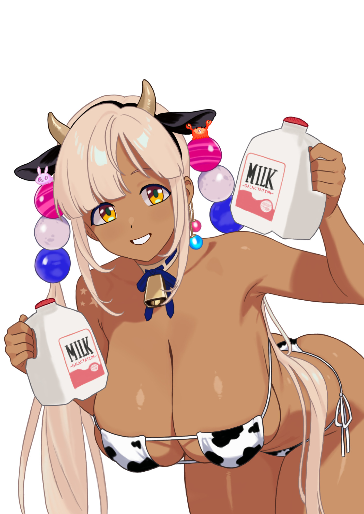 1girls, bent over, big breasts, breasts, cleavage, cow ears, cow horns, cowkini, danimocles, dark skin, dark-skinned female, female, hair ornament, hanging breasts, headband, hololive, hololive english, hololive english -council-, large breasts, looking at viewer, milk, plain background, smiling, tagme, tsukumo sana, virtual youtuber