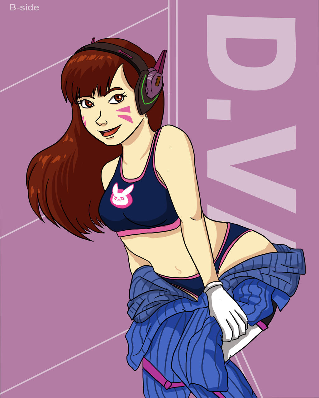 1girls brown_eyes brown_hair d.va female female_only female_solo gloves headphones open_mouth overwatch pantyshot pinup pinup_pose solo solo_female solo_only sports_bra sports_panties