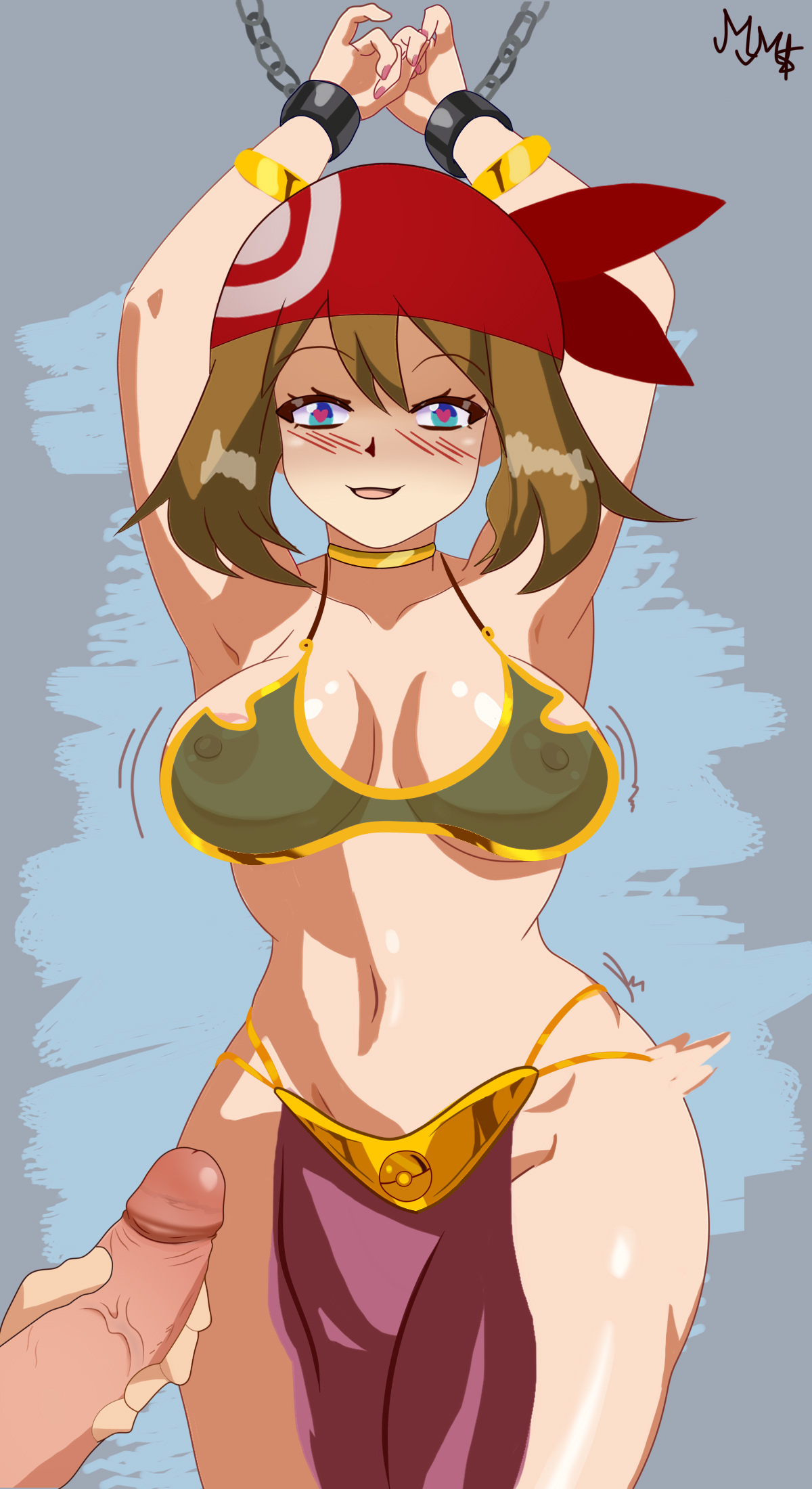 1boy, 1girls, bandana, bare legs, bare shoulders, bare thighs, belly, belly button, big breasts, big penis, bikini, blue eyes, blush, blush lines, breasts, brown hair, crossover, dancing, erect nipples, erect nipples under clothes, erection, female, female focus, glans, gold (metal), gold jewelry, happy female, heart, heart symbol, heart-shaped pupils, horny, hourglass figure, hourglass figured female, huge breasts, huge penis, imminent penetration, imminent sex, large breasts, large penis, legs, looking at penis, looking at viewer, macabromac, male, male/female, masturbation, may (pokemon rs), may (pokemon), nails, navel, nintendo, nipples, nipples visible through clothing, penis, pervert, pervert female, pokeball, pokemon, pokemon rse, pov, public nudity, relieved, self insert, self upload, selfship, sequence, slave bikini, slave collar, slave leia (cosplay), slave outfit, smile, smiley face, smiling at viewer, star wars, straight, teenager, thick legs, thick thighs, veins, veiny penis, voluptuous, voluptuous female, wide hips