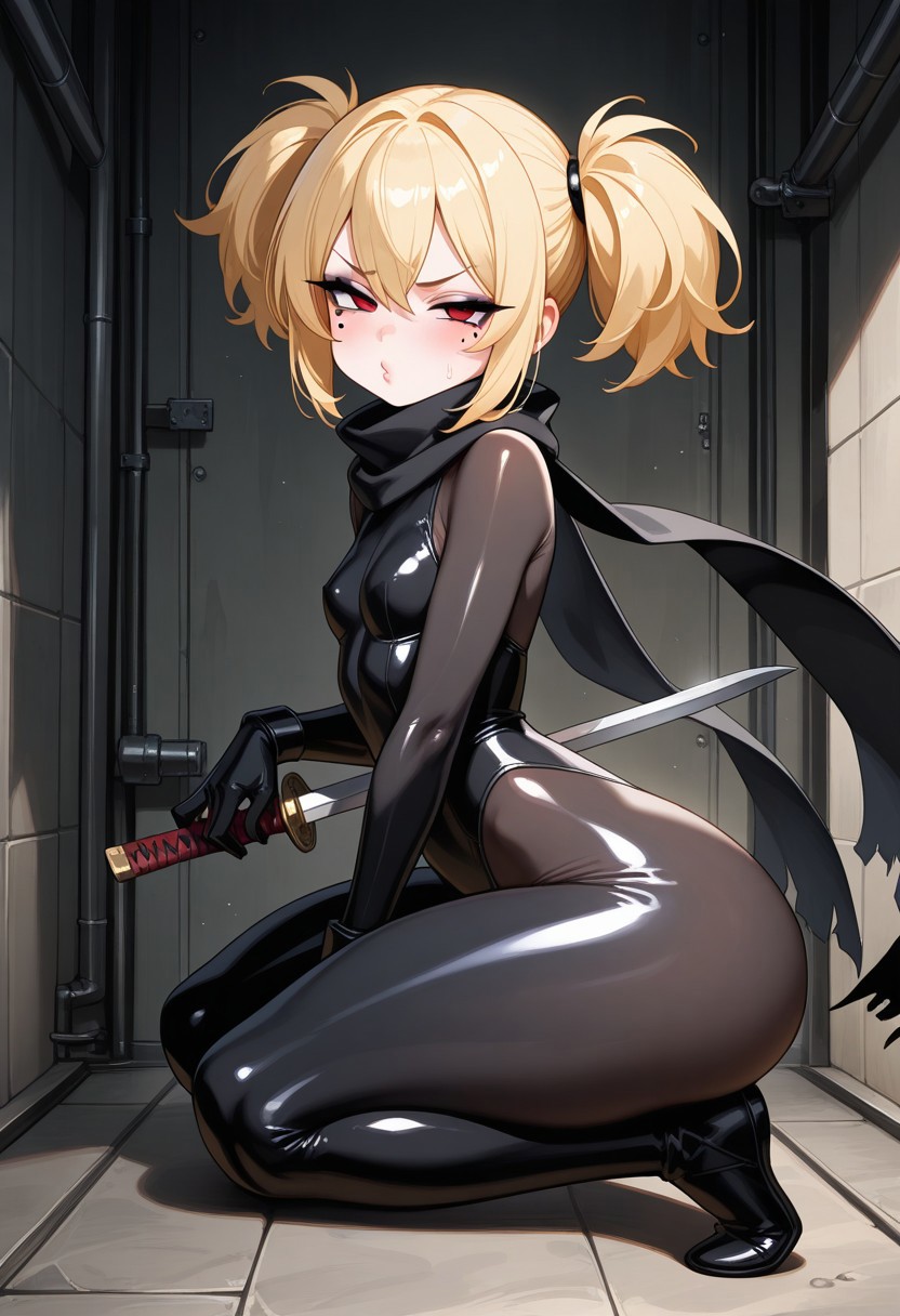 ai_generated beauty_mark big_ass blonde_hair bottom_heavy flat_chest hair_bun huge_ass looking_at_viewer mascara messy_hair ninja oc on_knees petite pout red_eyes shortstack twintails upset