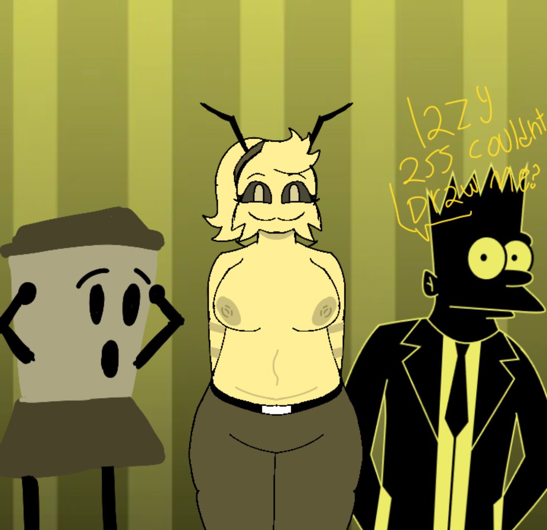 animal animal_humanoid bartman bee bee_girl blendery_(colorbox_mustard) blush breasts breasts_out bweswees_bizznip colorbox_(mustard) fully_clothed fur furry half_naked incredibox_mod no_bra no_shirt object_shows shocked smile thick_thighs yellow_body yellow_fur