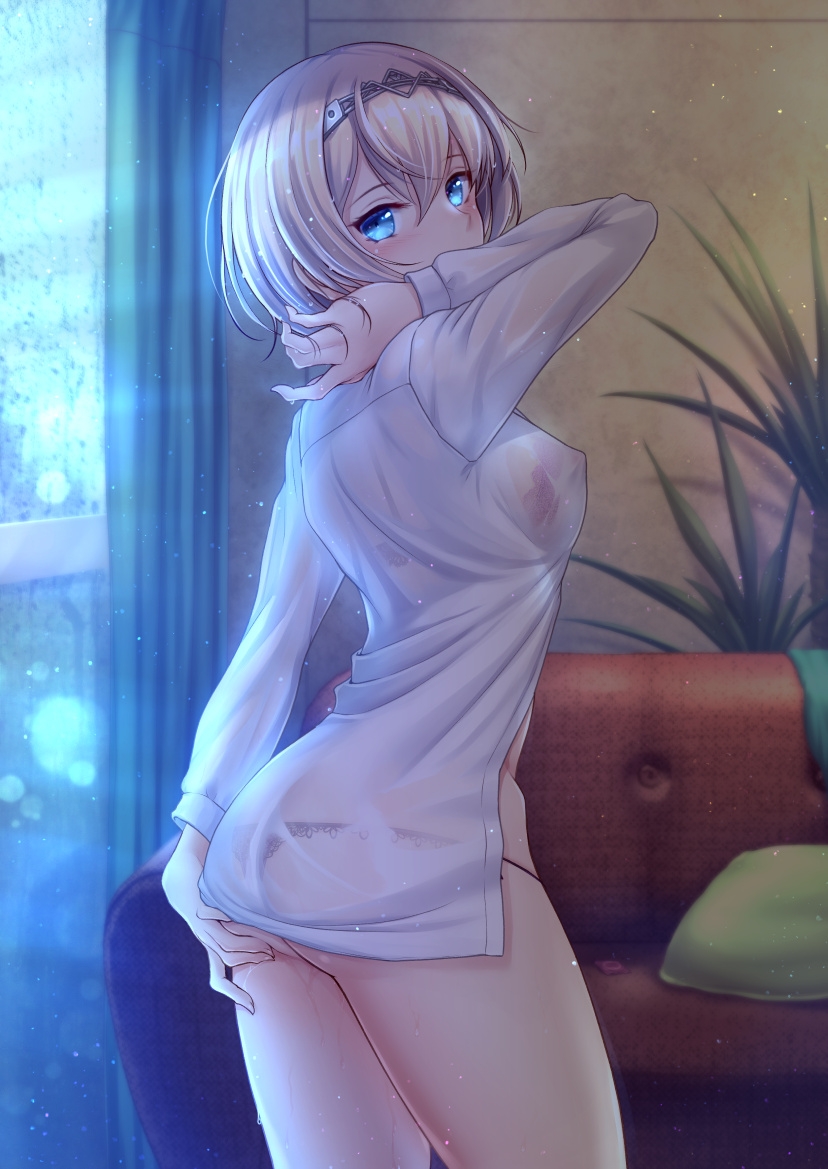 1girls alternate_hair_length alternate_hairstyle bangs black_panties blonde_hair blue_eyes blush bra breasts couch curtains cushion dress_shirt female female_focus female_only hair_between_eyes hand_in_hair hand_on_own_ass indoors kantai_collection lace_trim long_sleeves looking_at_viewer medium_breasts panties pink_bra plant ryu-akt see-through shirt short_hair solo solo_female solo_focus tiara underwear victorious_(kantai_collection) white_shirt window