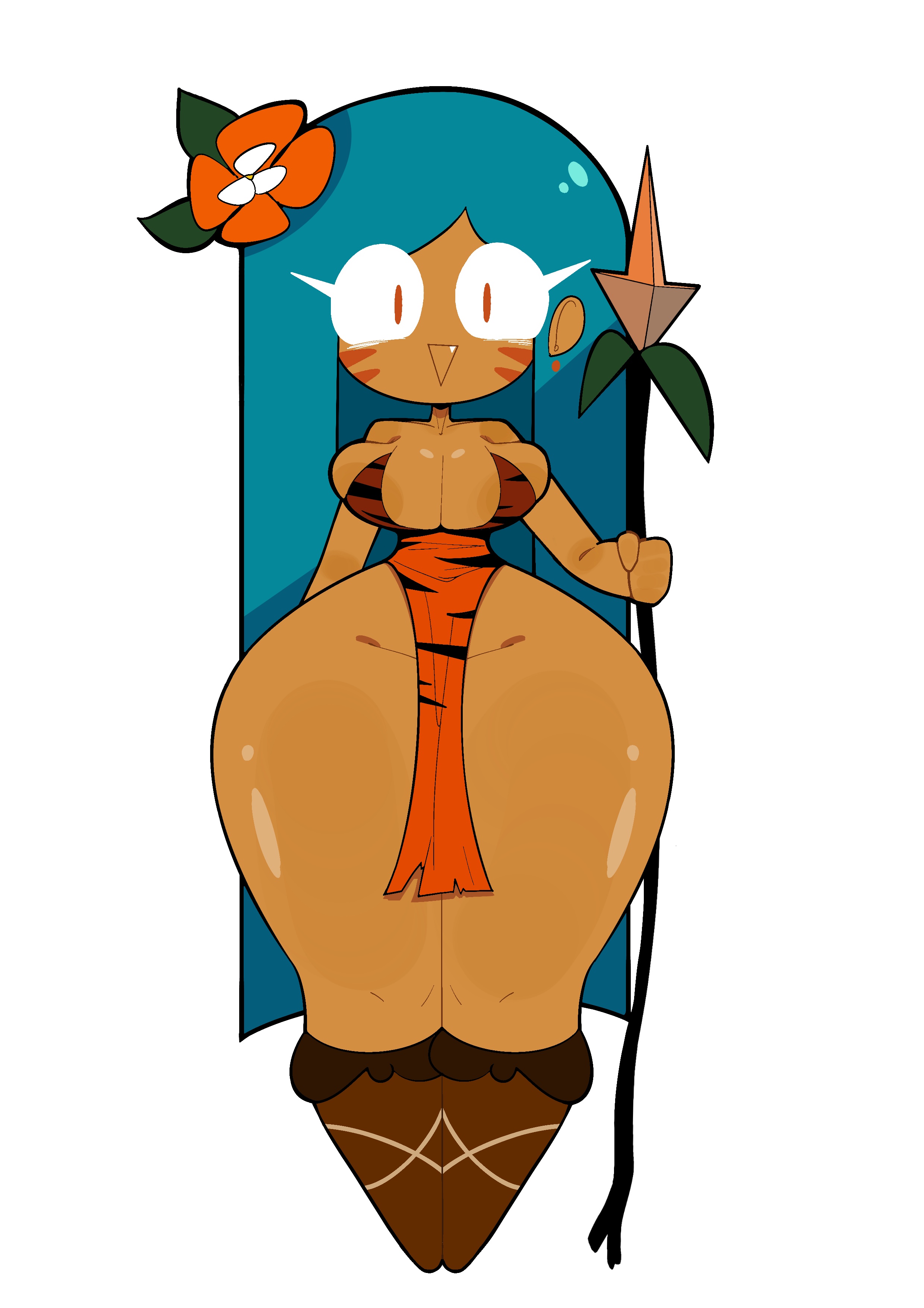 1girls, big ass, big waist, cookie run, female, flower, flower in hair, holding object, holding weapon, hourglass figure, hss dada, looking at viewer, sharp teeth, solo, solo female, tagme, tiger lily cookie, white background, white void