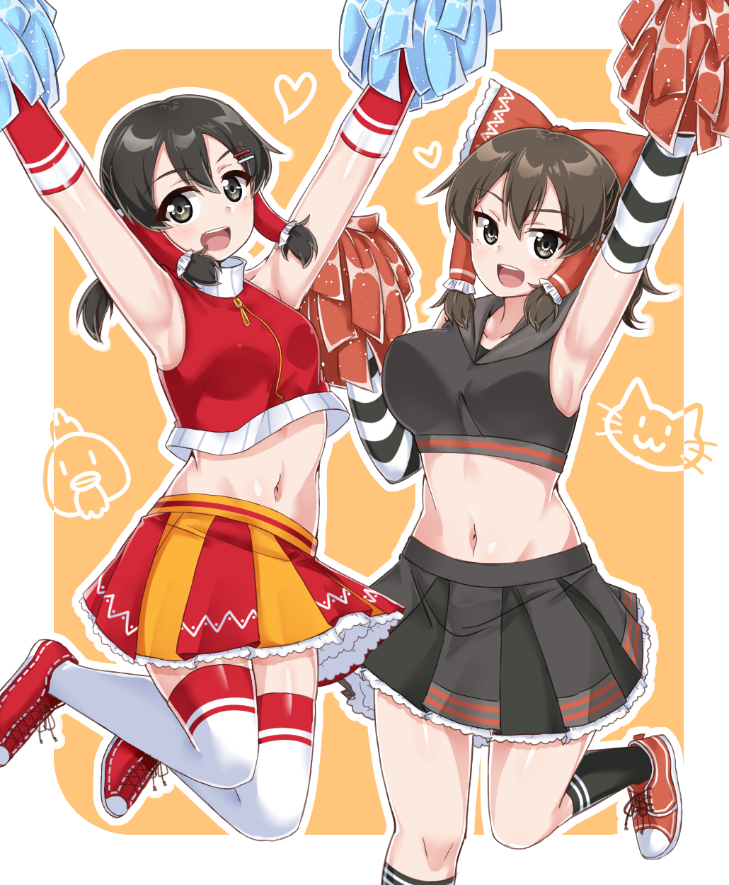 2girls armpits bare_shoulders black_eyes black_hair black_skirt black_socks blush border bow breasts brown_eyes brown_hair cheerleader cili_(cookie) collarbone cookie_(touhou) crop_top gnzy hair_ornament hair_tubes hairbow hairclip hakurei_reimu happy heart highres jumping kneehighs large_breasts looking_at_viewer maru_(cookie) midriff miniskirt multicolored_skirt multiple_girls navel open_mouth outline outside_border petticoat pleated_skirt pom_pom_(cheerleading) red_bow red_footwear red_skirt shoes skirt sleeveless smile sneakers socks thighhighs touhou white_border white_legwear white_outline yellow_background yellow_skirt zettai_ryouiki