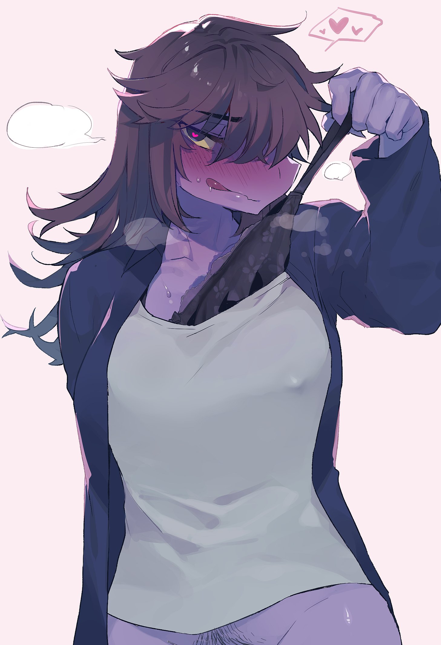 <3 eyes, 1girls, anthro, bodily fluids, bottomless, bra, clothed, clothing, deltarune, dinosaur, female, female focus, female only, hair, heart, hi res, horny, horny female, jacket, long hair, looking at viewer, musk, nipple outline, pubes, pulling bra, purple body, purple skin, removing underwear, reptile, saliva, scalie, shirt, smile, smiling at viewer, solo, ss komu, susie (deltarune), sweat, t-shirt, tongue, tongue out, topwear, undertale (series), underwear, video games, yellow sclera