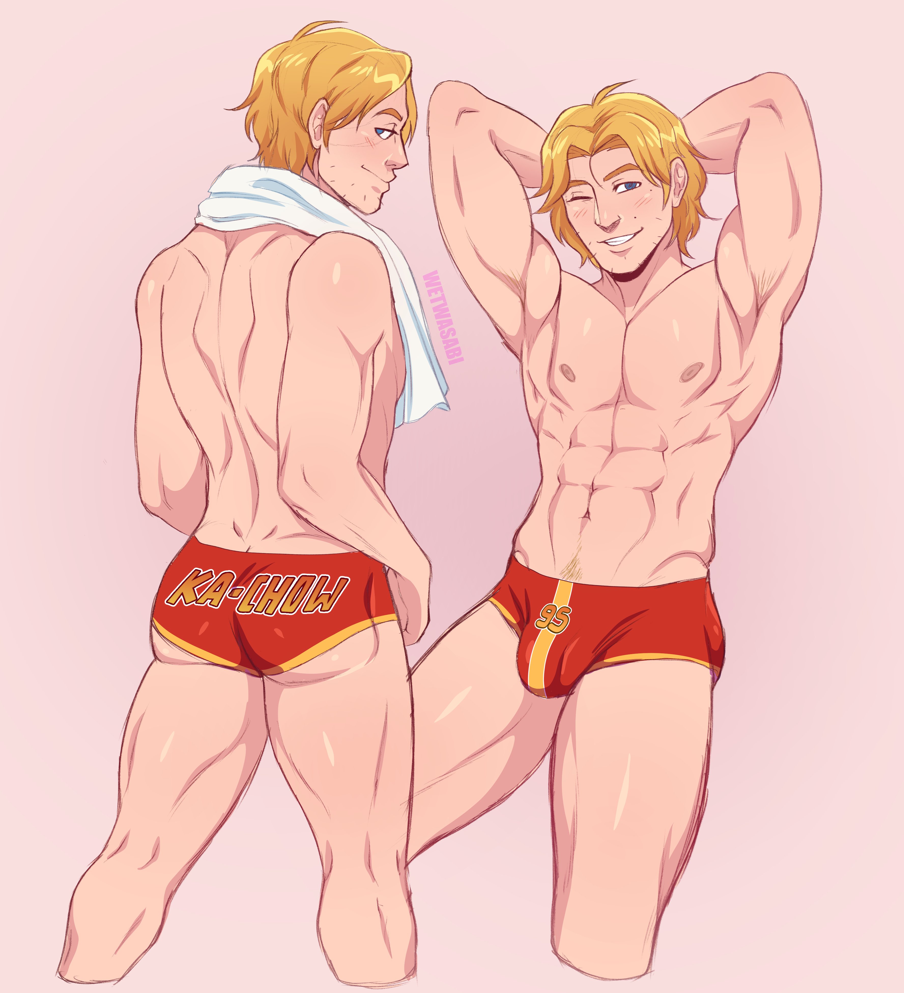 1boy, 2d, abs, arms behind back, blonde hair, bulge, bulge through clothing, bulge under clothes, cars (film), color, facial stubble, full color, gay, gay male, gijinka, human, humanized, light skin, light-skinned male, lightning mcqueen, male, male only, muscular, muscular male, pinup, posing, shirtless, solo, speedo, wetwasabi, wink, winking at viewer, yaoi