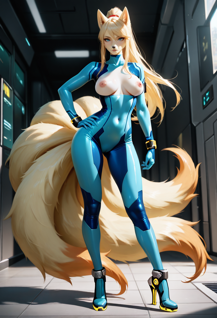 ai_generated blonde_hair blue_eyes breasts breasts_out contrapposto crossover fox_ears fox_girl furry fusion generation_1_pokemon hand_on_hip high_heels hybrid illustrious_(stable_diffusion) metroid multiple_tails navel_visible_through_clothes ninetales pokemon pokemon_(species) ponytail self_upload stable_diffusion standing transformation zero_suit_samus