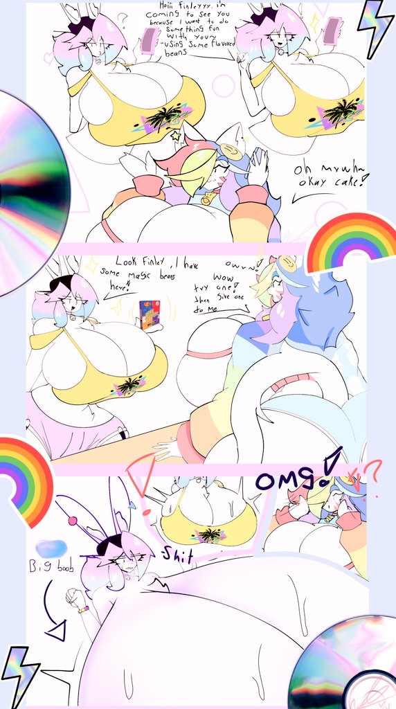 2boys, akimyziki, bell collar, big breasts, breast expansion, breasts, busty male, cellphone, choker, cleavage, finley (theycallhimcake), furry, huge breasts, hyper breasts, male, multicolored hair, peanut butter (theycallhimcake), tagme, thick thighs, wide hips