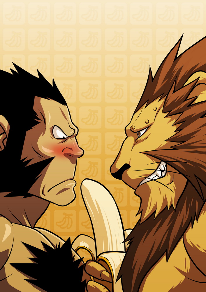 2boys anthro banana black_hair blush brown_eyes brown_hair chimera darius_(fullmetal_alchemist) food fruit fullmetal_alchemist fur furry gay gorilla heinkel lion male male/male male_only multiple_boys sexually_suggestive smile yaoi zelo-lee