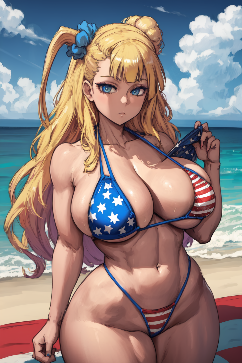 1girls abs ai_generated american_flag_bikini athletic_female beach big_breasts bikini blonde_hair blue_eyes bored_expression cleavage curvaceous curvy_body curvy_female feet_out_of_frame female female_focus galko hair_bun hair_ornament lifting light-skinned_female light_skin long_hair muscular_female oshiete!_galko-chan outside sand standing swimming_pool swimsuit thick thick_thighs toned_arms toned_female voluptuous voluptuous_female water wide_hips