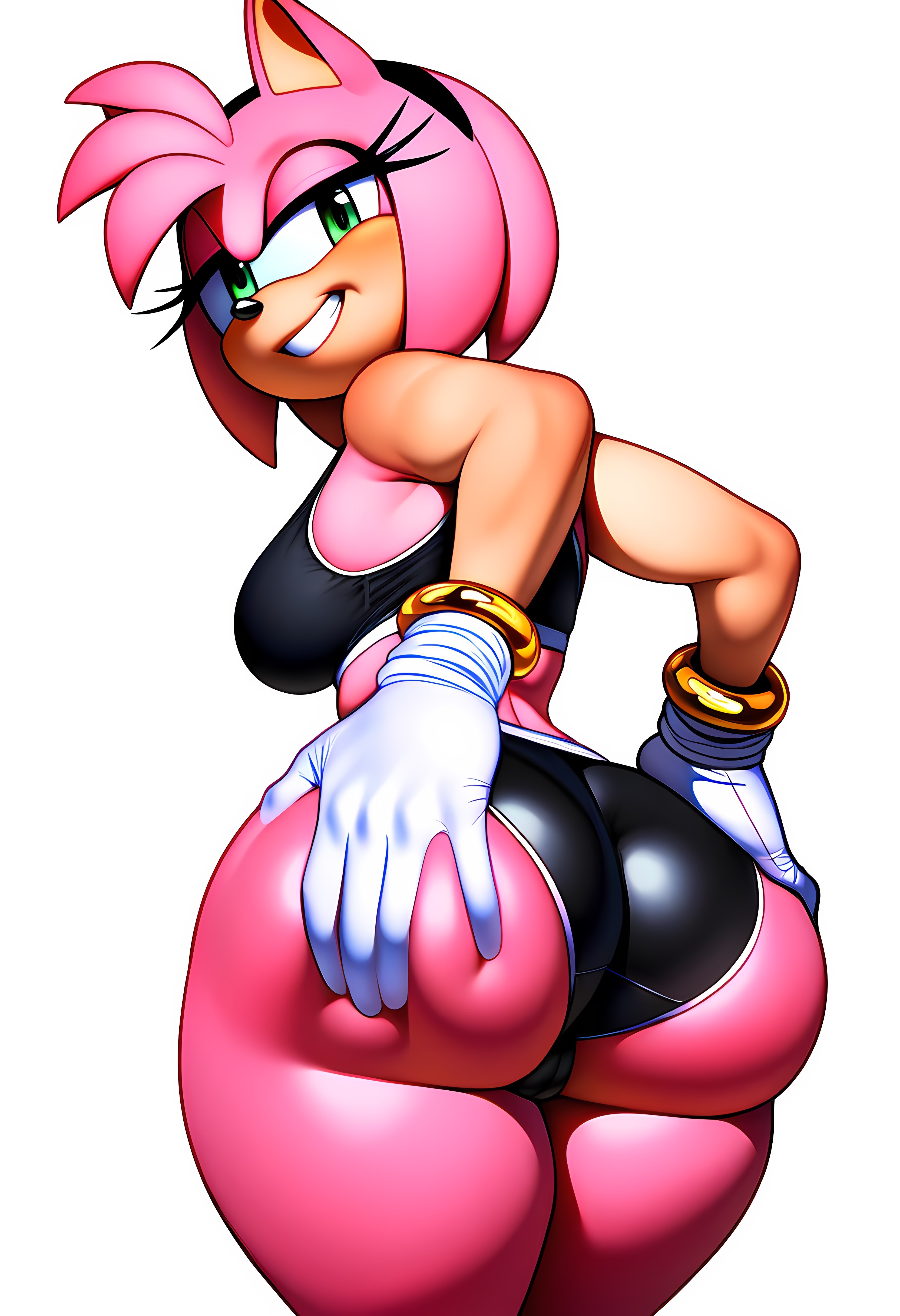 1girls, ai generated, amy rose, anthro, ass, ass focus, ass grab, bracelet, calvin klein, eulipotyphlan, female, female only, fur, furry, gloves, gold (metal), gold bracelet, gold jewelry, grabbing ass, grin, hand on ass, hand on butt, headband, hedgehog, looking at viewer, looking back, mammal, novelai, pink body, pink fur, pink hair, rear view, sega, short hair, simple background, sonic (series), sonic the hedgehog (series), sports bra, white background, white gloves