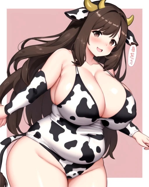 ai_generated big_breasts brown_eyes brown_hair chubby chubby_belly chubby_female cow_ears cow_girl cow_horns cow_print cow_print_armwear cow_print_topwear cow_tail fat fat_female fat_woman long_hair looking_at_viewer original_character solo