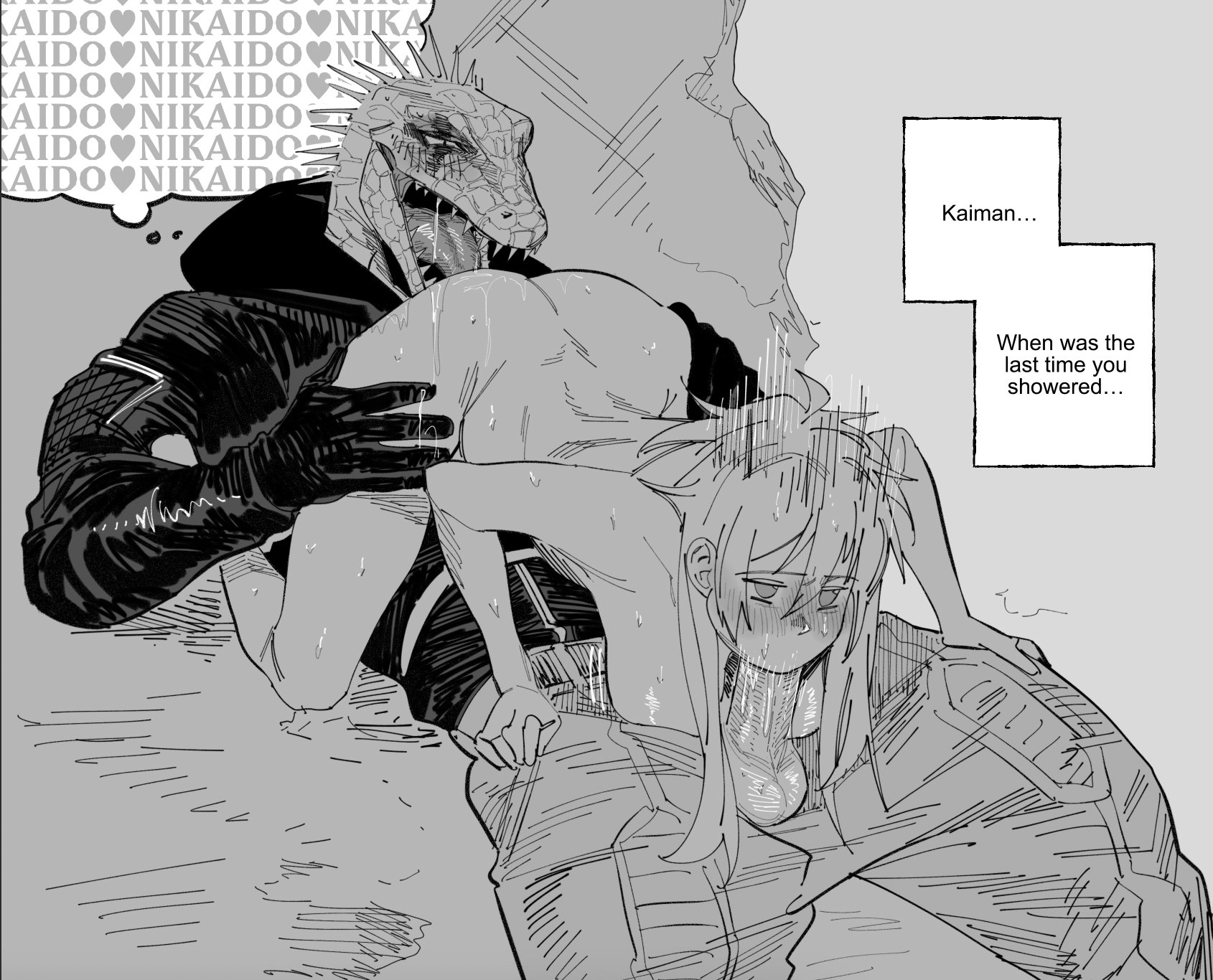 1boy1girl, 69, 69 position, balls, ballsack, big penis, blowjob, blush, caiman (dorohedoro), clothed male nude female, cunnilingus, dorohedoro, fellatio, female, francishsie, francisxie, hair down, hanging breasts, hi res, male and female focus, monochrome, motion lines, nikaidou (dorohedoro), nude female clothed male, oral, penis, straight, thought bubble