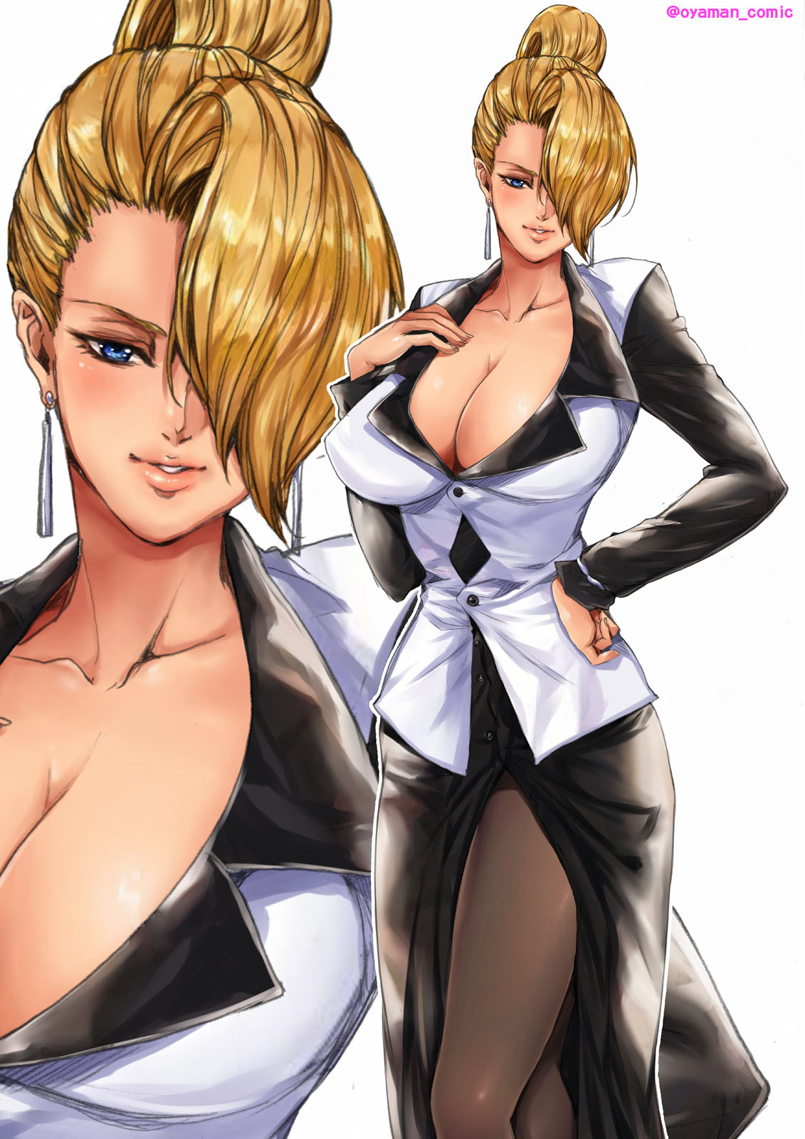 1girls big_breasts blonde_hair blue_eyes breasts breasts breasts busty cleavage clothed dress earrings female hair_bun hand_on_breast huge_breasts king_of_fighters legwear light-skinned_female light_skin long_hair looking_at_viewer mature_(kof) one_eye_covered one_eye_obstructed oyaman pale_skin secretary seductive_look standing suit thick_thighs thighs tied_hair voluptuous voluptuous_female wide_hips