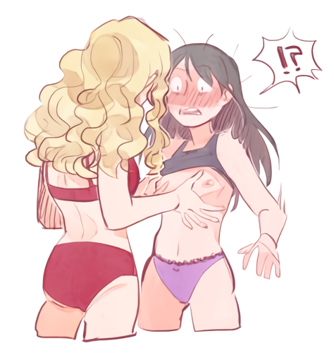 !? 2girls bebe_stevens bikini black_hair blonde_hair blush bra flat_chest multiple_girls nipples panties parted_lips purple_panties red_bra red_panties shouri_(mirrorshards) small_breasts south_park underwear underwear_only wendy_testaburger yuri